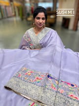Lilac Organza Banarasi Fusion Saree with Bird Appliqué