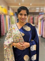Midnight Blue Pure Satin Saree with embroidered border and blouse