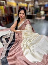 Ivory, Brown & Black Combo Chinnon Crepe Saree with Gotapatti Borders SS50613
