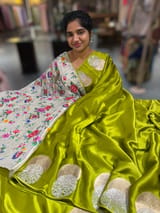 Lime Green Pure Satin Saree with embroidered border and blouse
