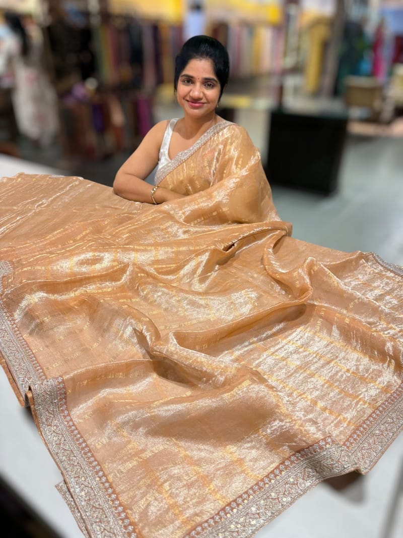 Peach Tissue checks Saree with sabhyasachi borders