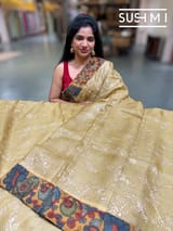 Champagne beige Silk kota and pen kalamkari fusion saree with pita emb