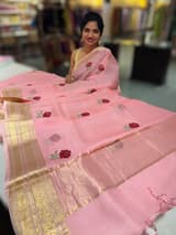 Peach Pink Silk Kota Saree with embroidery