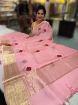 Peach Pink Silk Kota Saree with embroidery