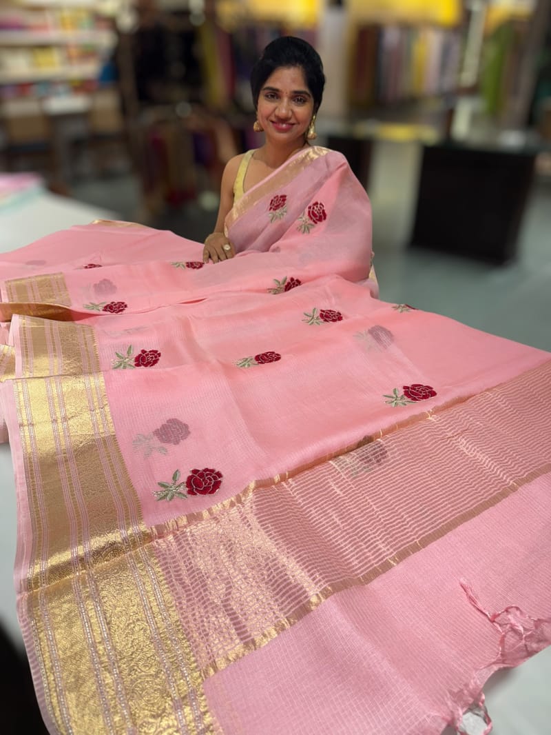 Peach Pink Silk Kota Saree with embroidery