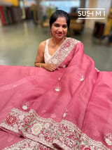 Brick Red Pure Organza Saree with heavy intricate Handwork DSCL044