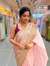 Dusty Pink Organza Banarasi Fusion Saree with Bird Appliqué
