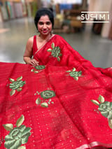 Red muslin tissue stripes saree with hibuscus emb