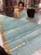 Pastel Blue checks tissue with allover rose embroidery