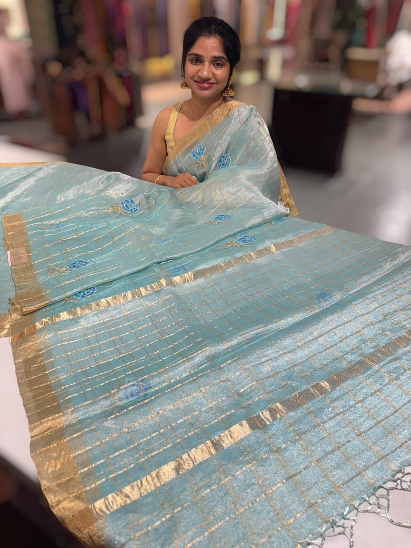 Pastel Blue checks tissue with allover rose embroidery
