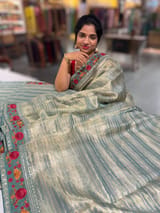 Sage Green Kora Tissue Stripes Saree with Sabhyasachi Style Embroidered Borders & Blouse