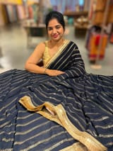 Navy Blue Georgette Saree with badla sequnce stripes: S62F075