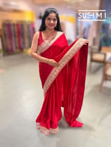 Red Satin Saree with sabyasachi borders : D62F054