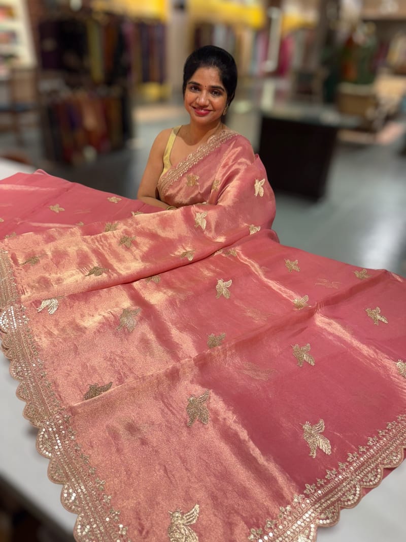 Peach Pink Handloom Tissue Saree with Embroidery SS50415