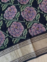 Black Pure Handloom Chiniya Silk Saree with stunning Floral Print and zari borders SS50100