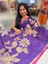 Brinjal Designer Organza with Tissue applique work