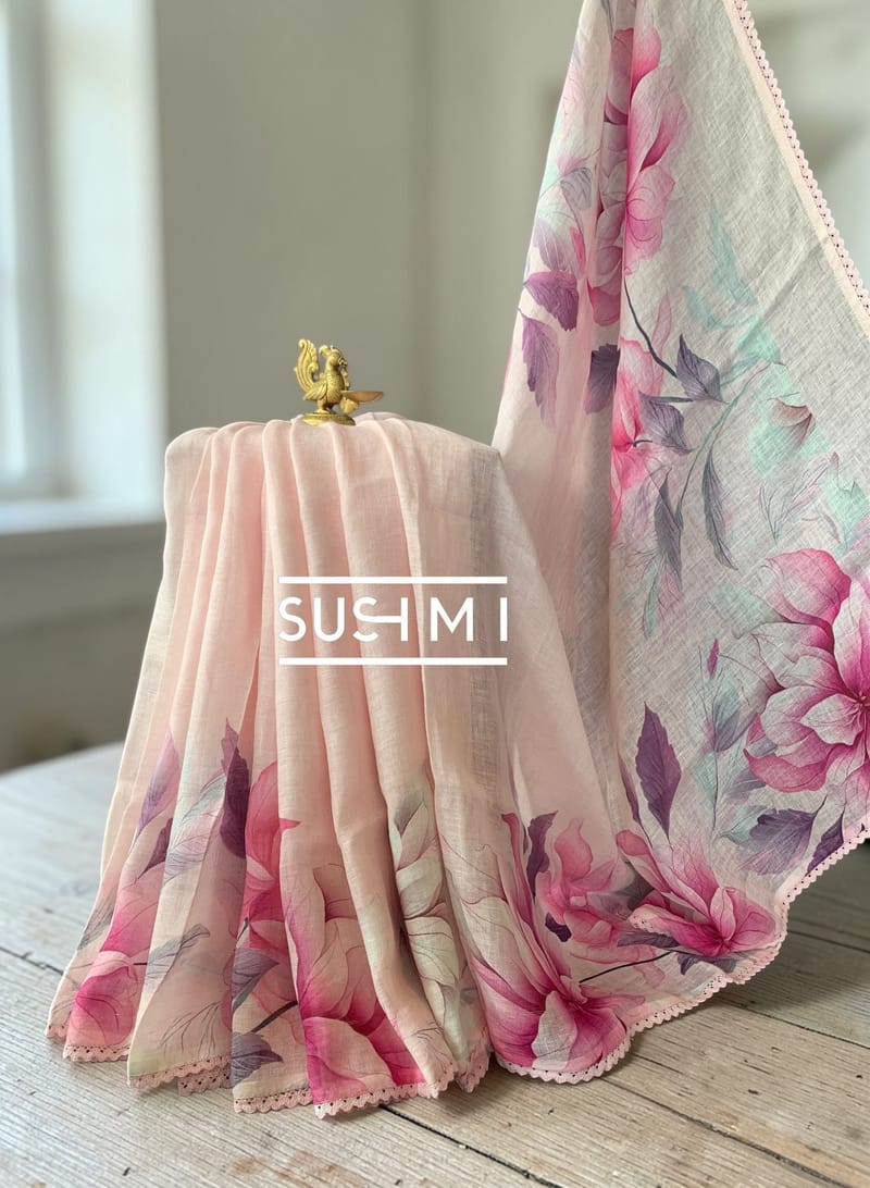 Floral printed handloom lenin saree