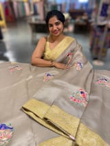 Earthy Tone Pure Organza Saree with banarasi pitawork border and bird applique motifs allover the saree SS50302