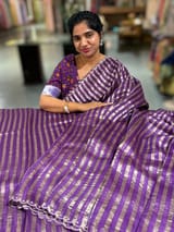 Brinjal Handloom Mul Tissue Stripes Saree with fusion blouse SS50410