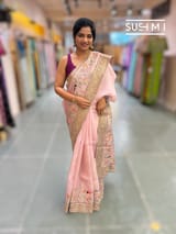 Dusty Pink Organza Banarasi Fusion Saree with Bird Appliqué