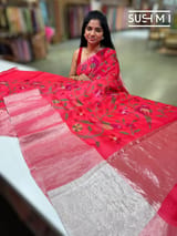 Red Pure Organza Saree with pythani embroidery : S62F163