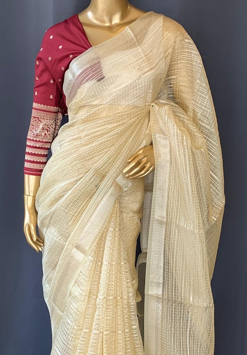 Pastel Yellow Banarasi kora Saree