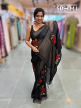 Black Muslin Saree with Pocket Sequins & Hibiscus Embroidery