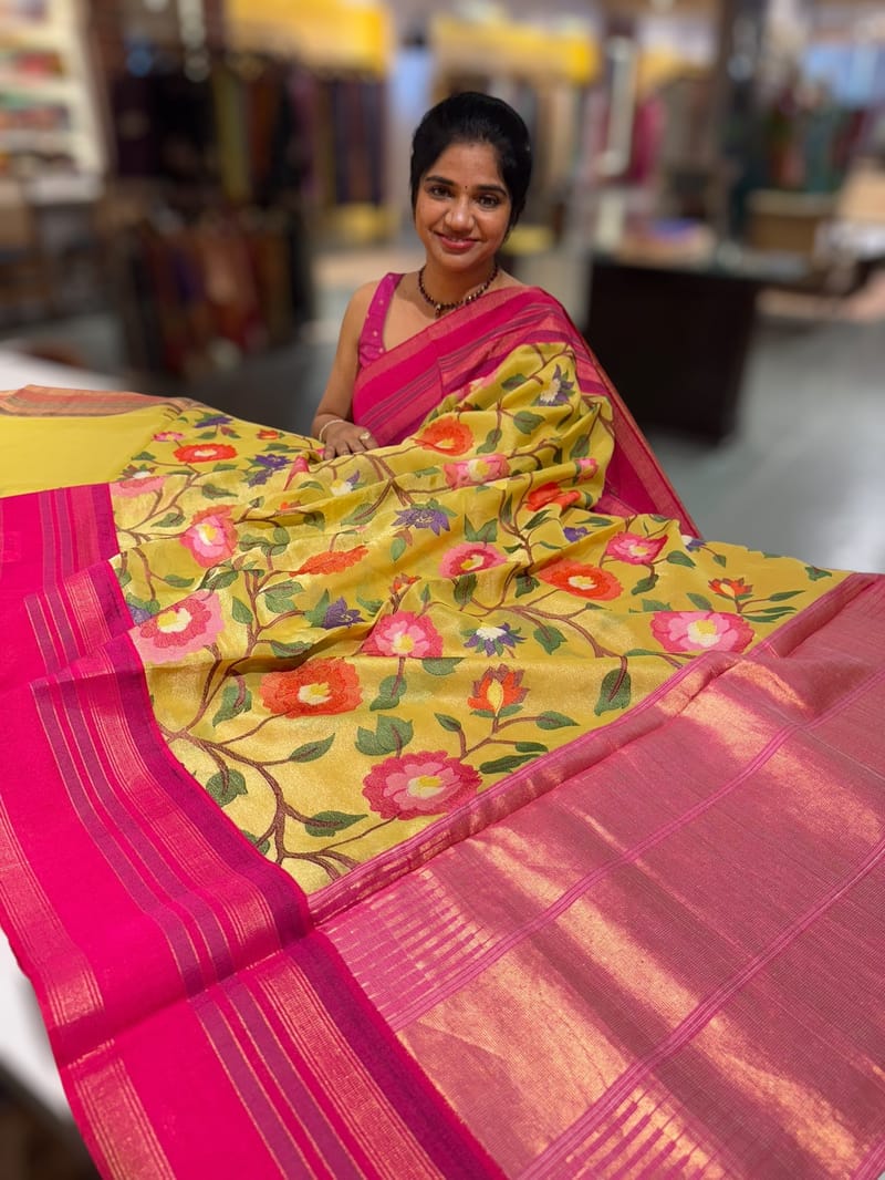 Lemon Yellow Tissue Gorgette Fusion Saree with vidarbha Borders