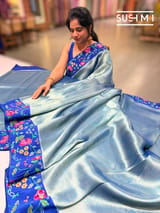 Royal Blue Banarasi Tissue with petite point embroidery: S62F189
