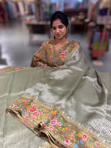 Light Olive Tissue Stripes Saree with petite point Embroidered tissue border and blouse SS50422