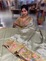 Light Olive Tissue Stripes Saree with petite point Embroidered tissue border and blouse SS50422