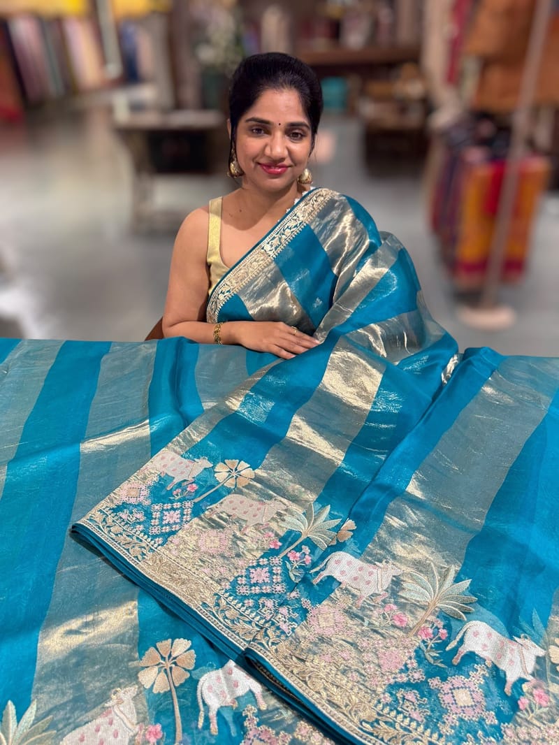 Peacock Blue Kora Tissue Stripes Saree With Jamdani  & Pichwai embroidered Border SS50481