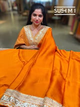 Marigold Orange Satin Saree with sabyasachi borders : D62F050