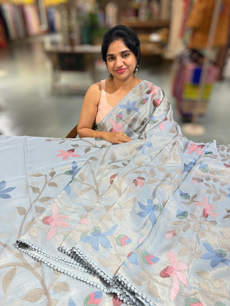Bluish Grey Tissue georgette saree with allover jamdani inspired embroidery