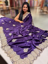 Dark Brinjal Color Pure Satin Saree with Heavy Handwork SS50617
