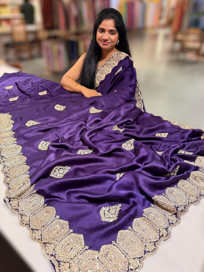 Dark Brinjal Color Pure Satin Saree with Heavy Handwork SS50617