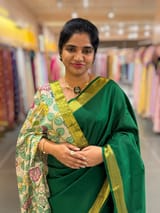 Emerald Green vintage Kanchipuram silk saree with 2inch borders paired with pen kalamkari blouse SS50178
