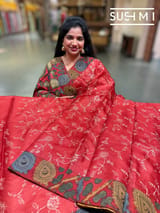 Bright Red Silk kota and pen kalamkari fusion saree with pita emb