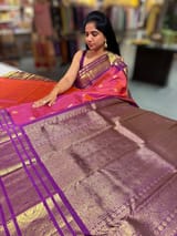 Orangish Pink Vintage kanchi checks  saree