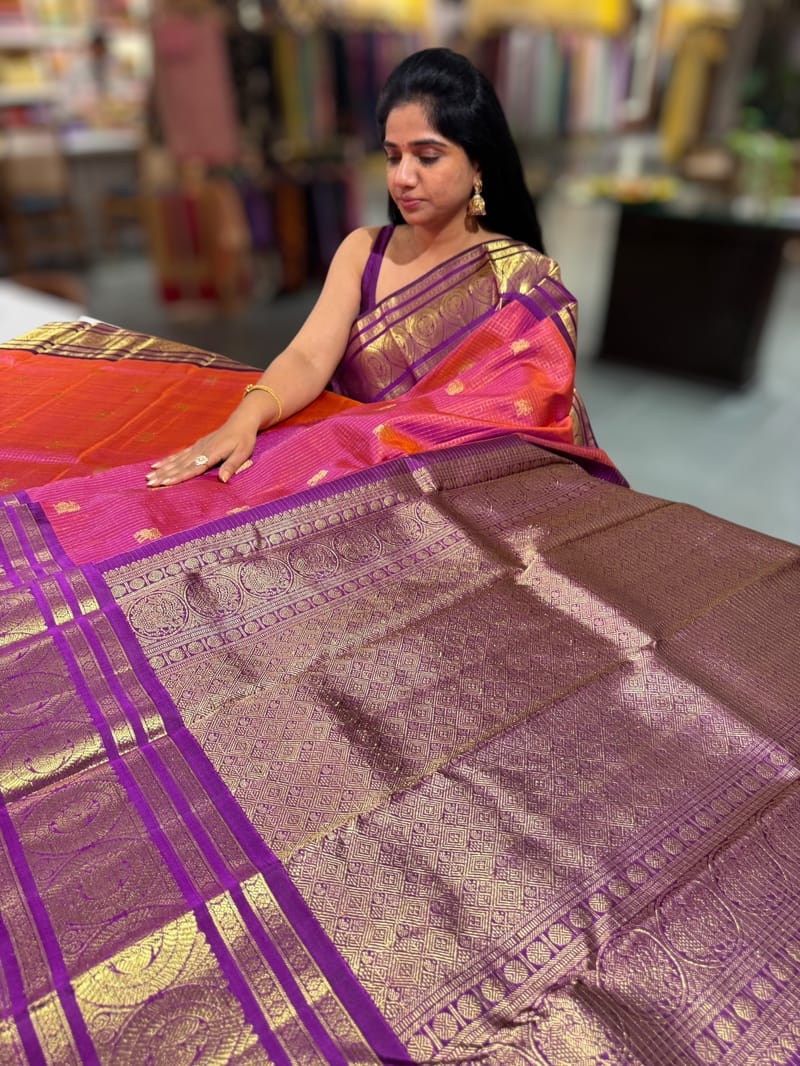 Orangish Pink Vintage kanchi checks  saree