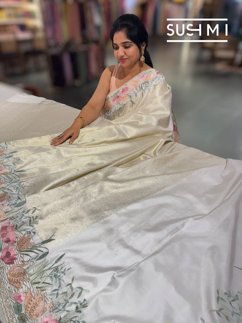 White Brocade Kanjeevaram with  embroidery D62F039
