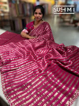 Beetroot Pink Mul tissue stripes saree with fusion blouse : D62138