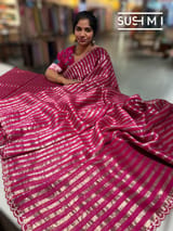 Beetroot Pink Mul tissue stripes saree with fusion blouse : D62138