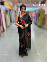 Black Muslin Saree with Pocket Sequins & Hibiscus Embroidery