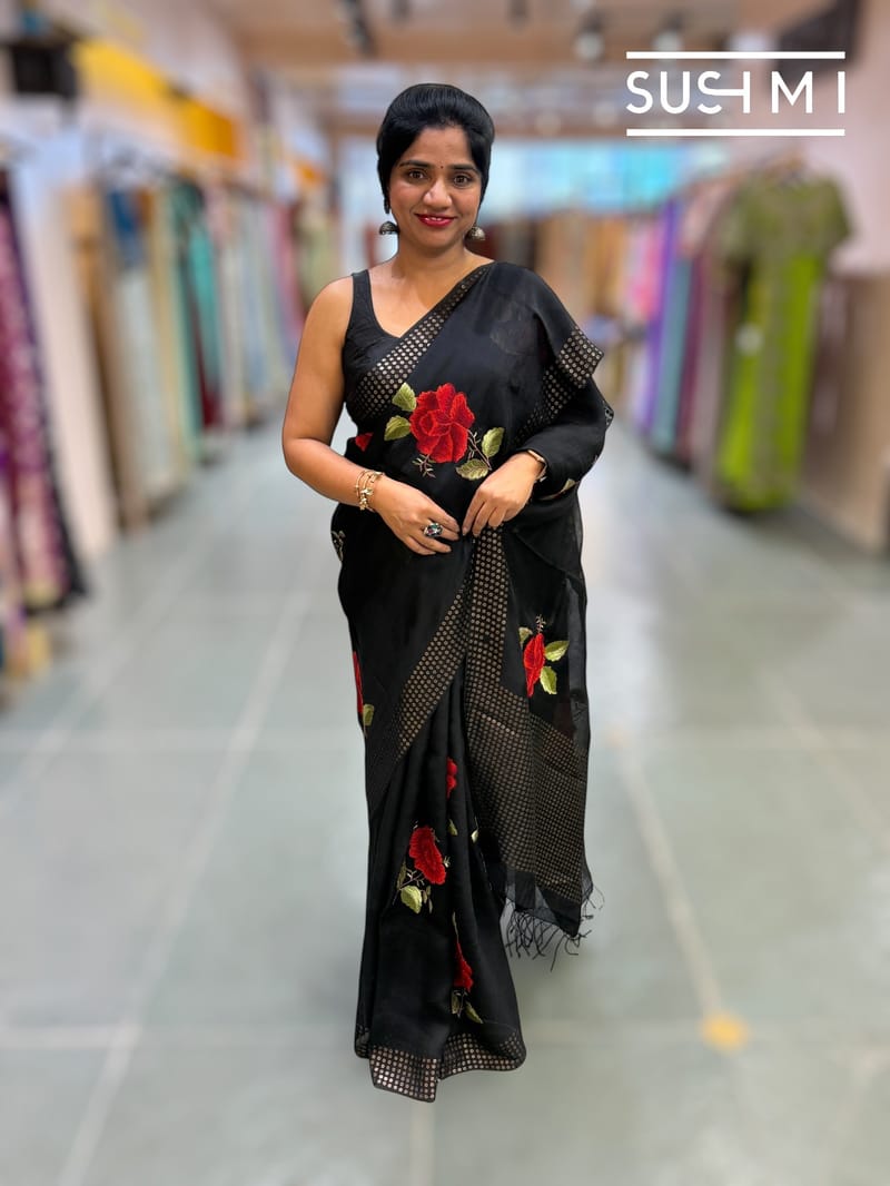 Black Muslin Saree with Pocket Sequins & Hibiscus Embroidery