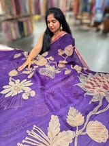 Brinjal Designer Organza with Tissue applique work