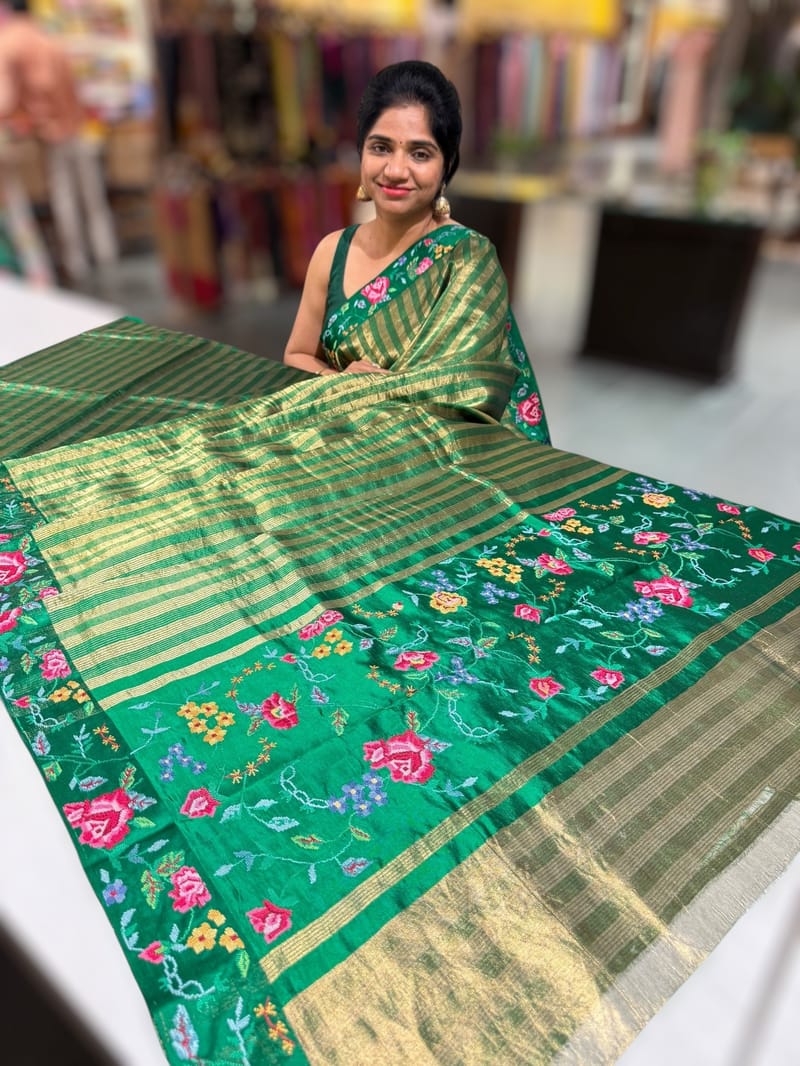 Emerald Green Banarasi Tissue stripes Saree with petite point embroidery SS50213
