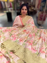 Baby Pink Banarasi Munga Printed Tussar Khaddi With Tissue cutwork Rose Border SS50464