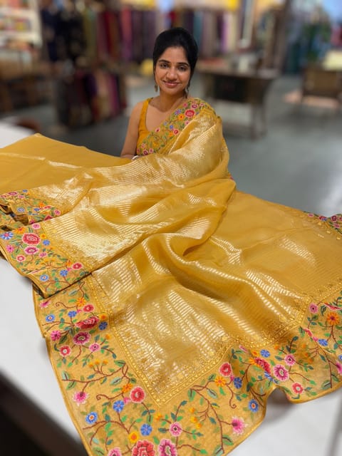 Mango Yellow Tissue Stripes Saree with Petite Point Embroidered Tissue Border and Blouse