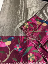 Greyish Silver Chanderi Tissue Saree with pythani inspired parrot embroidered border SS50230